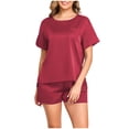 thumbnail image 2 of Seffadzy Women's Solid Color Pajama Set, Crew Neck Short Sleeve Top with Pockets & Shorts Loungewear Suitable for casual home wear_Red_2XL, 2 of 7