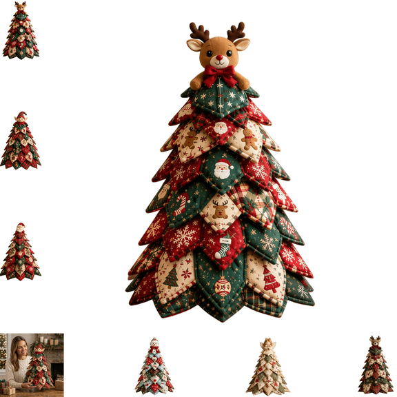 Christmas Themed DIY Tree Patchwork Kit, Indoor Christmas Decorations, DIY Christmas Quilted Fabric Tree Kit, Santa Reindeer Elf Style Fabric Tree Craft Decor for Indoor Household-A