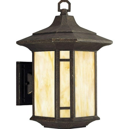 

Arts And Crafts Collection 1-Light Weathered Bronze Honey Art Glass Craftsman Outdoor Large Wall Lantern Light