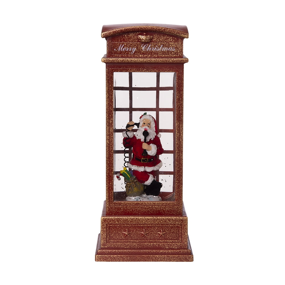 Water Lighted Spinning Phone Booth Christmas Decor with Santa on Phone Plastic Polyresin Oil Water Tabletop Holiday Accent