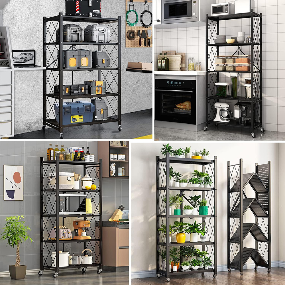 5 Tier Heavy Duty Foldable Metal Storage Shelving Unit – With Wheels, Carbon Steel, Black, 62.5 Inch Tall, Kitchen Garage
