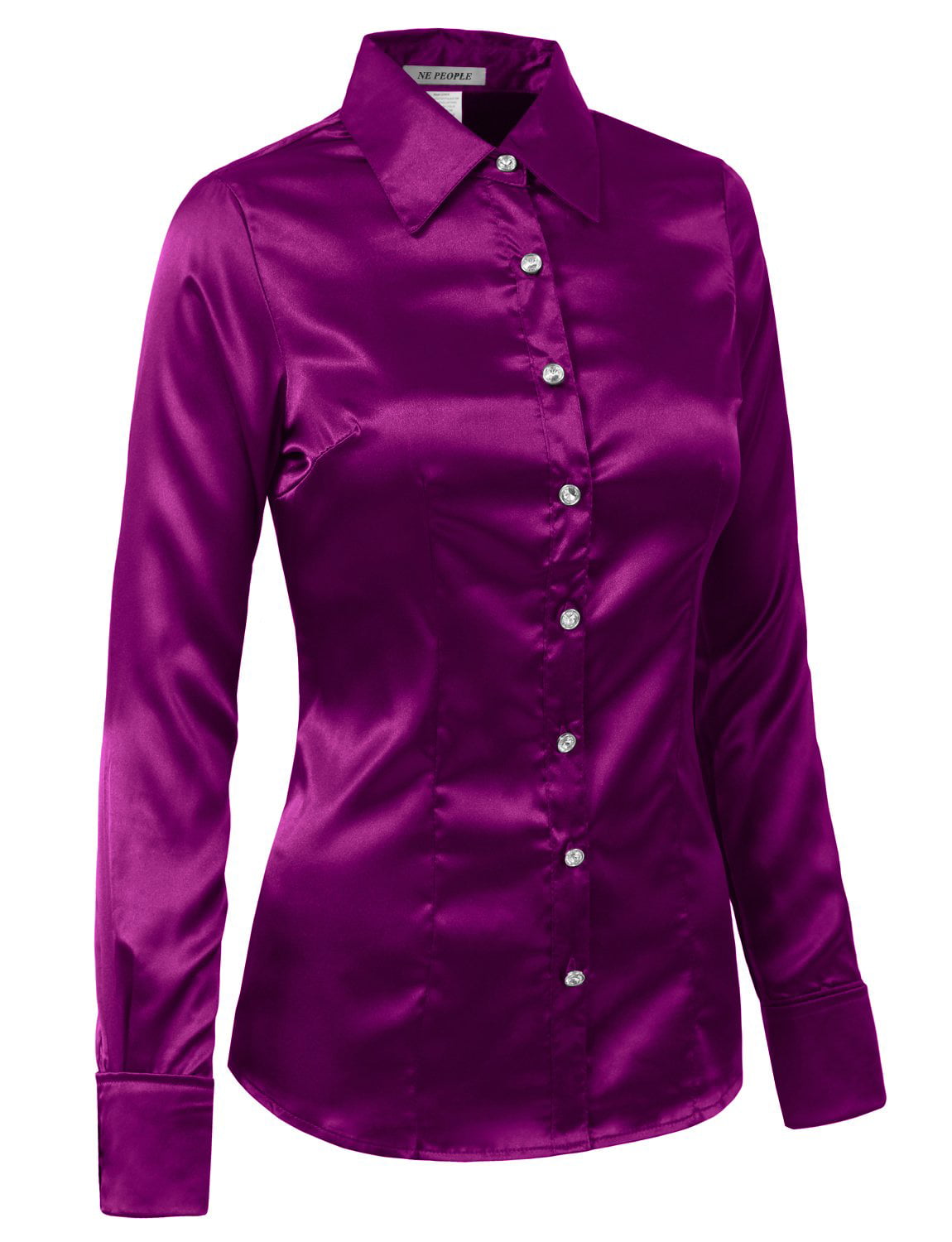 J. METHOD Women's Satin Button Down Shirt Long Cuff Sleeve Collar Silky  Office Work Formal Casual Blouse Top NEWT74 Fuchsia M 