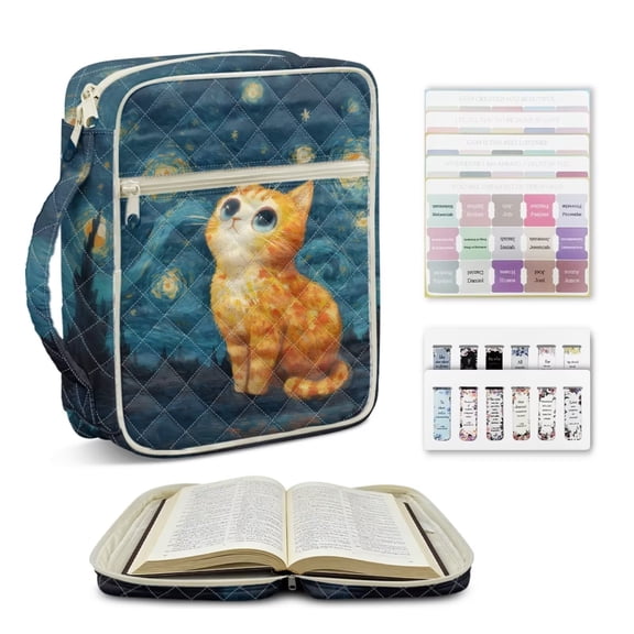 ZUXONGSY Starry Night Cat Print Elegant Quilted Bible Tote for Women - Large Carrying Case with Zipper Closure & Sturdy Handles, Gift for Bible Study & ChuZU