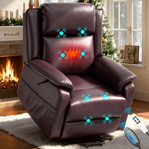 COOLHUT Power Lift Recliner Chair Recliners for Elderly with Heat and Massage, PU Leather Electric Recliners Chair for Living Room, Theater Room, Lift Recliner with Side Pocket, Red Brown