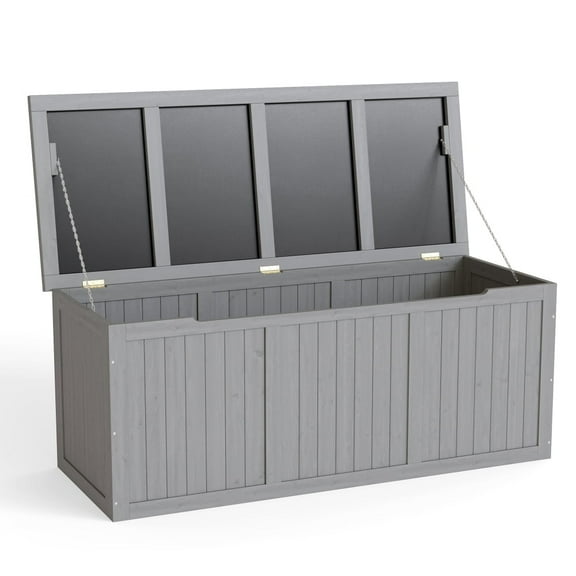 112 Gallon Outdoor Wooden Deck Box Solid Wood Storage Box Seat & Table Top for Patio Furniture Cushions, Pool Toys & Garden Tools