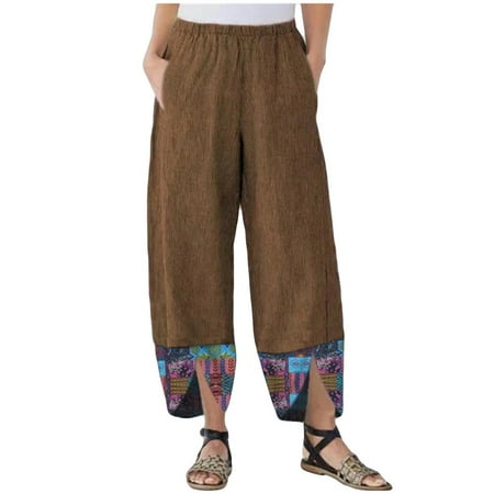 

YanHoo Women s Linen Pockets Pants Loose Straight Leg Elastic Waist Cropped Summer Printing Trouser