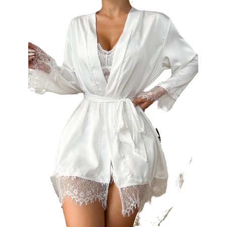 Plain Spaghetti Strap Robe Sets Long Sleeve White Womens Pajama Sets (Women s)