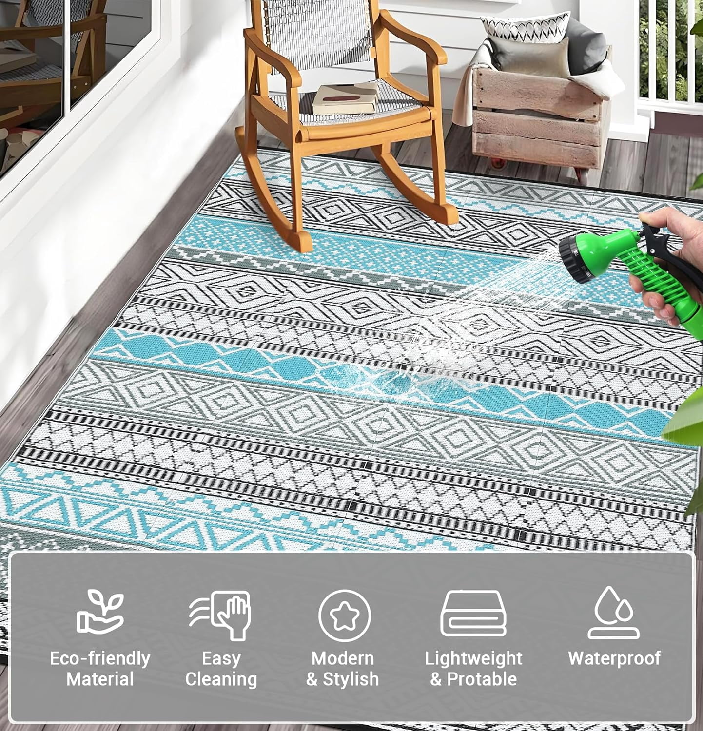 Twister.CK 9' x 18' Plastic Outdoor Rugs, Waterproof Bohemia Straw Rug Reversible Outside Carpet for Patio Deck Porch Backyard Camping Picnic Beach, Blue & Gray