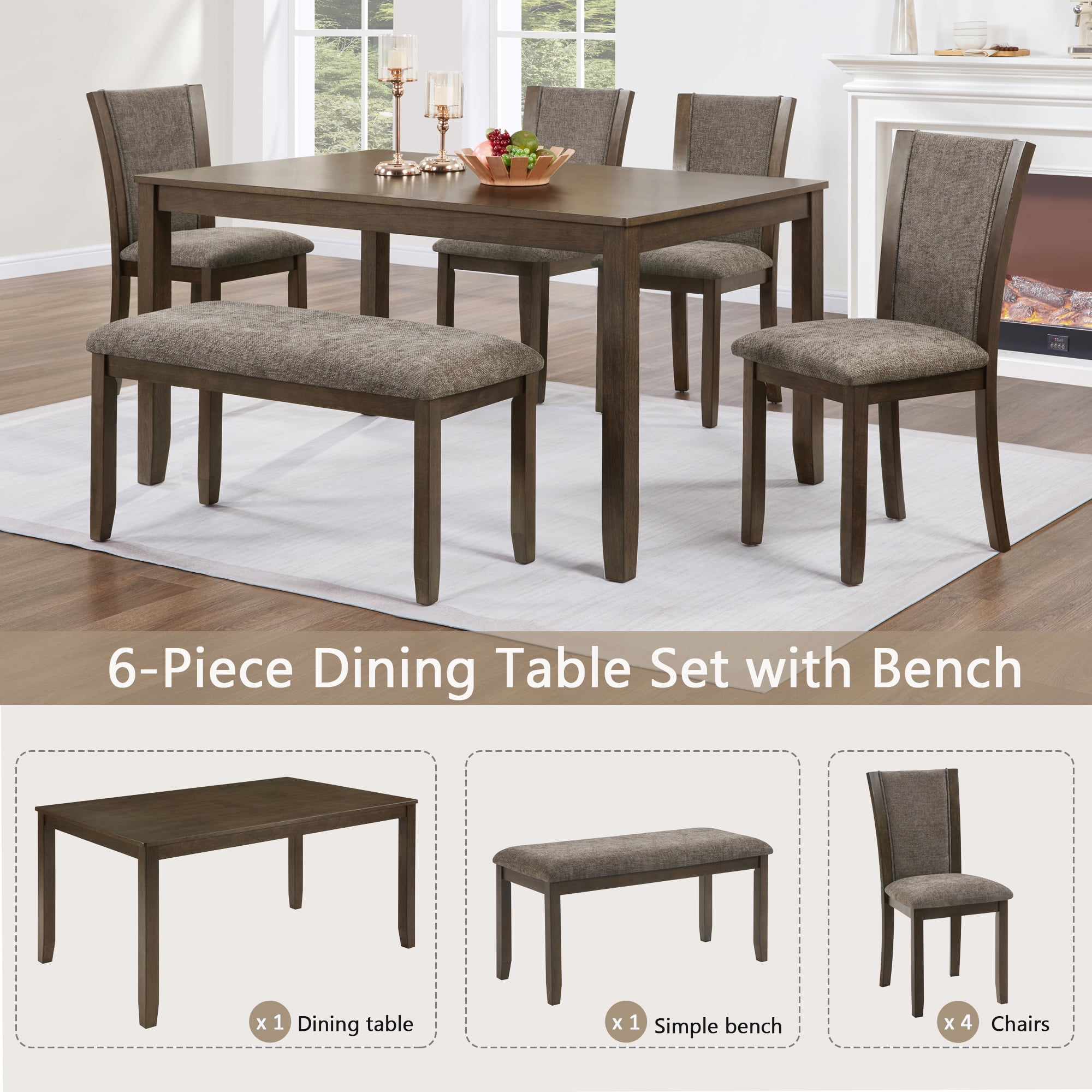 Gewnee Dining Set for 6,Farmhouse 6 Piece Dining Table Sets with Bench,Rectangle Wood Kitchen Table and 4 Upholstered Chairs.Dark walnut