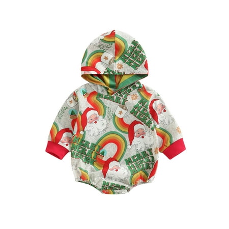 

jaweiwi Baby Boys Girls Christmas Romper Clothes Baby Santa Rainbow One-Piece Hooded Jumpsuit Fall Outfits