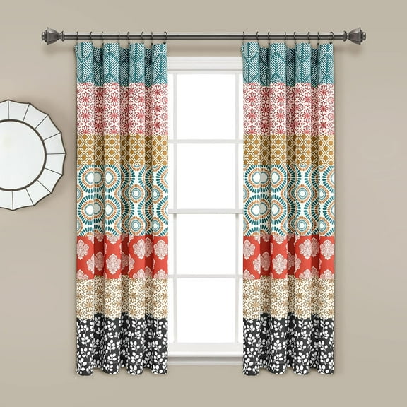 Bohemian Stripe Window Curtain Panels, Pair, 52" W x 63" L, Turquoise & Orange - Colorful Short Curtains - Maximalist & Boho Decor - Boho Curtains For Bedroom, Living Room & Dining Room
