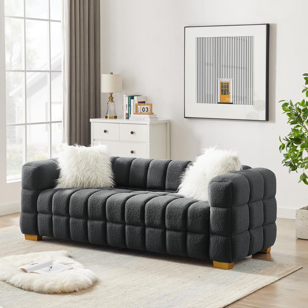 Channel Tufted Boucle Sofa Couch, Comfy Teddy Fabric Upholstered 3 ...