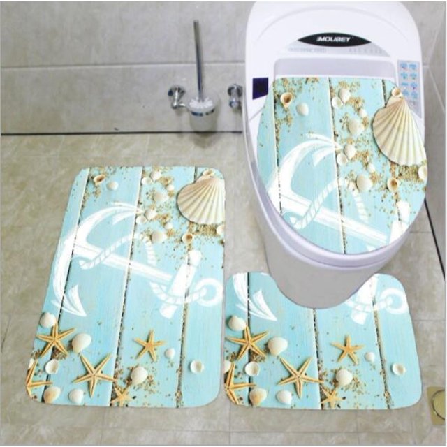 3 Piece Bathroom Rug Set Nautical Anchor Pedestal Mat Non Slip Bath Mat Toilet Lid Cover Toilet Rug Set,Starfish 39
