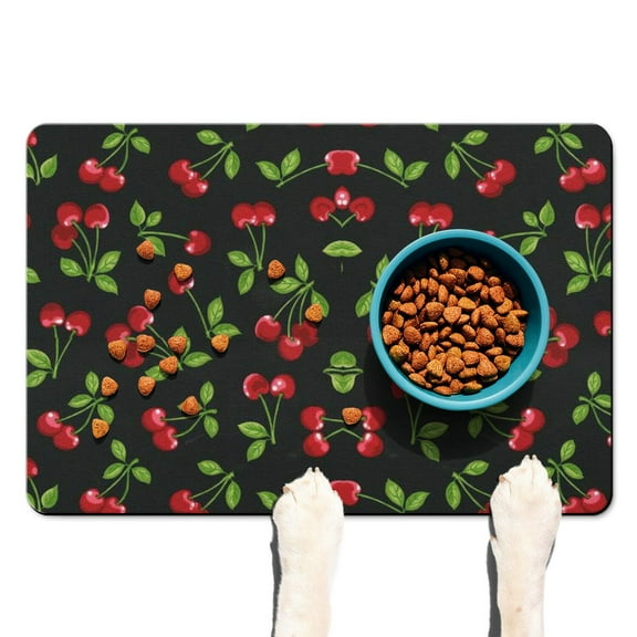 Pet Feeding Mat 16x24 Inch with Sweet Cherry Pattern, Durable Waterproof Dog Food Mat, Absorbent, Non-Slip, Quick Dry, Washable Mat Featuring Cute Candy Art Illustration