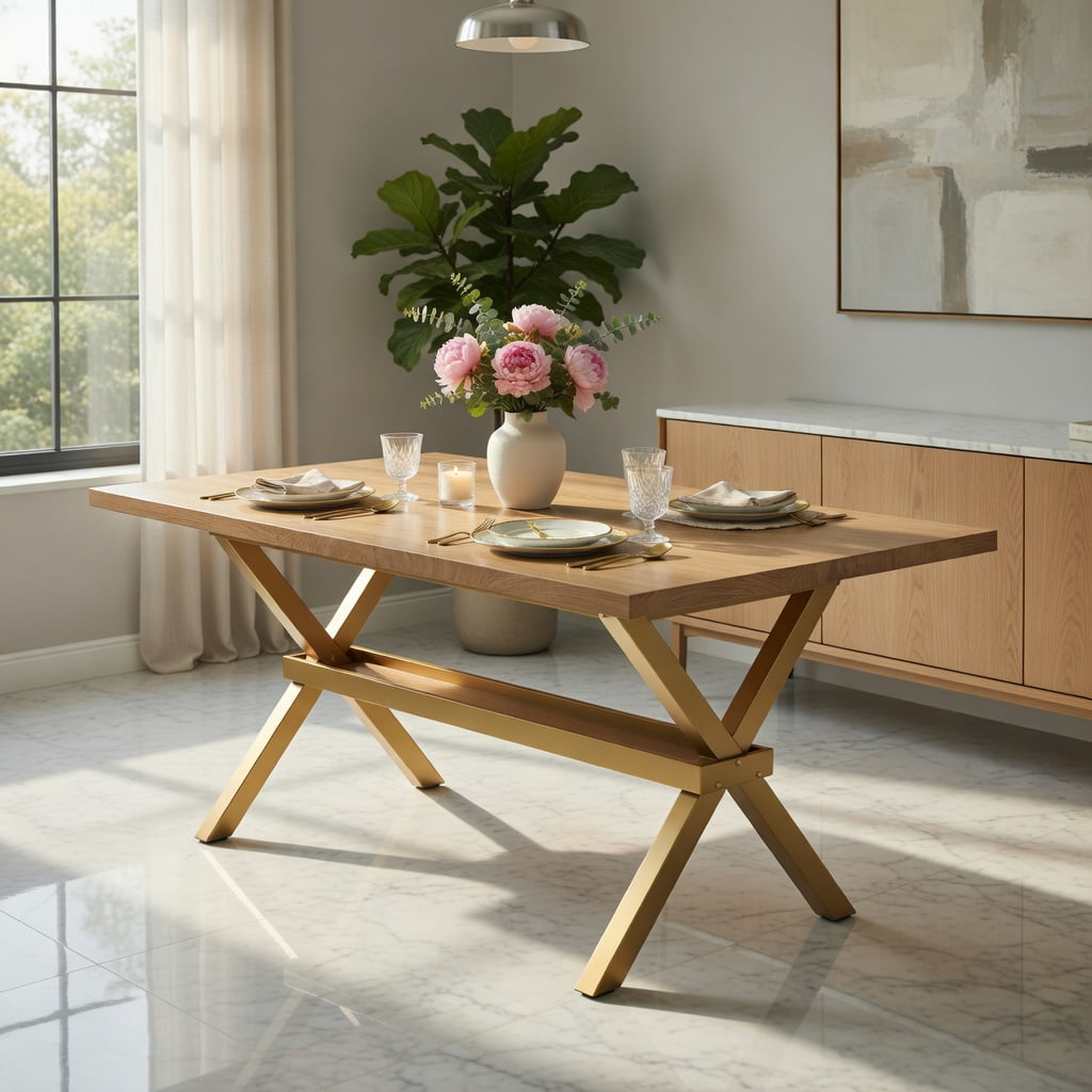 Hommoo Modern Light Wood MDF Dining Table with X-Shape Metal Base, 71" x 35.4" Extendable Rectangular Table for 6-8 People, Minimalist Home & Office Use, Natural