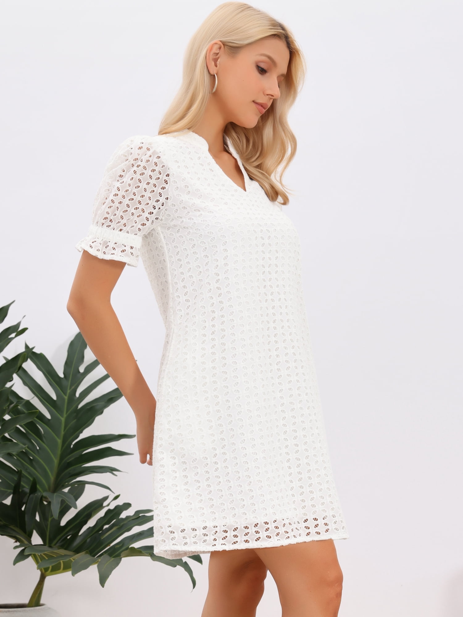 DARING DIVA Women's Mini Dress V Neck Ruffle Hollow Out Eyelet Lace Dresses M White