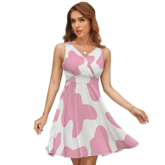 Strawberry Pink Cow Print Pattern Women's Tank Dress V Neck Sleeveless Summer Sundress