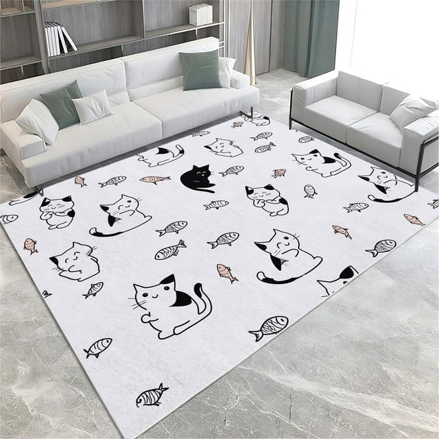 Washable Area Rug 7x8 ft Cartoon Animal Cat Area Rug for Living Room, Soft Low Pile Rugs, Non-Slip Carpet, Home Decor Floor Rug for Bedroom Dining Room Kitchen