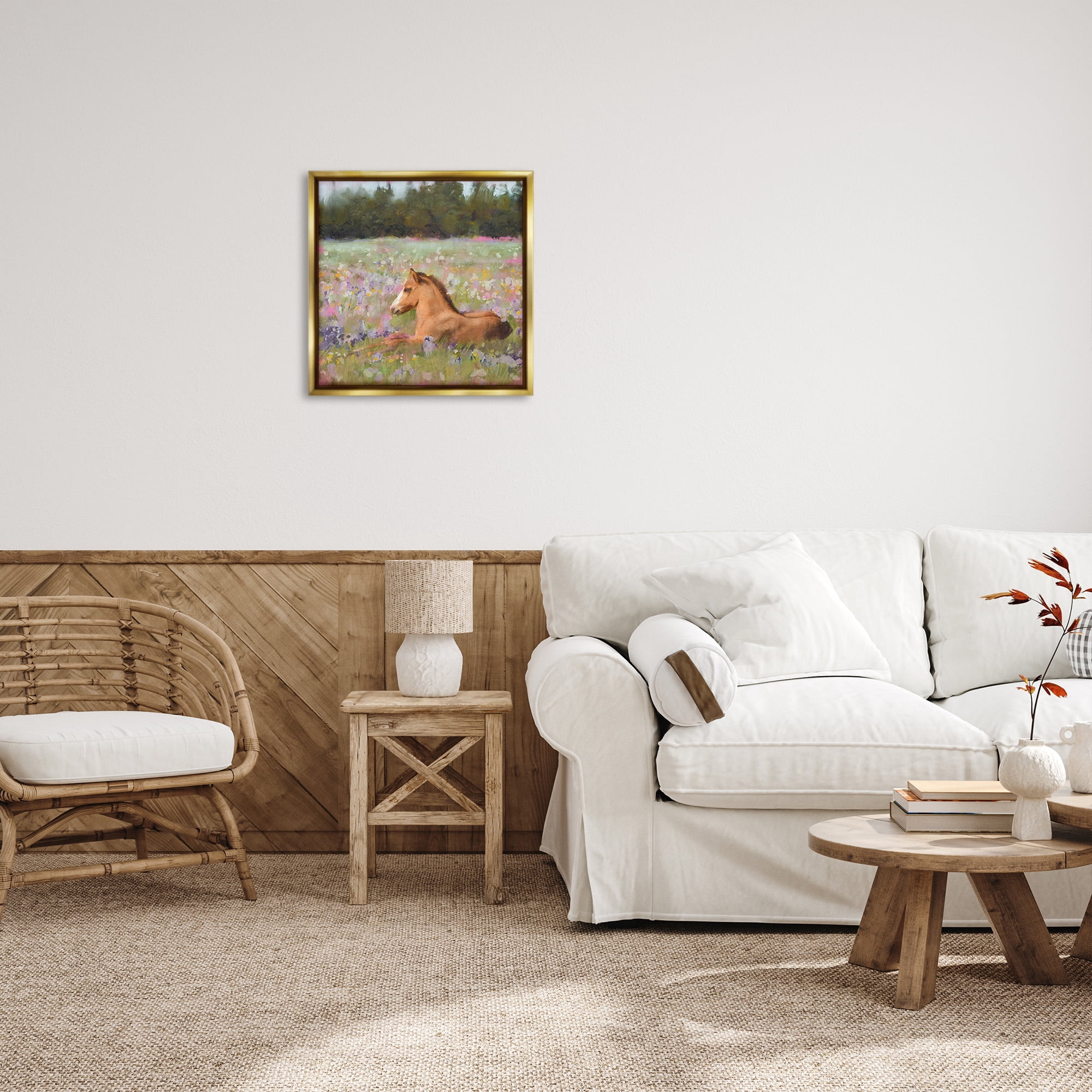 Stupell Industries Foal Horse Lounging Flower Meadow Animals & Insects Painting Gold Floater Framed Canvas Art Print Wall Art, 25 x 25
