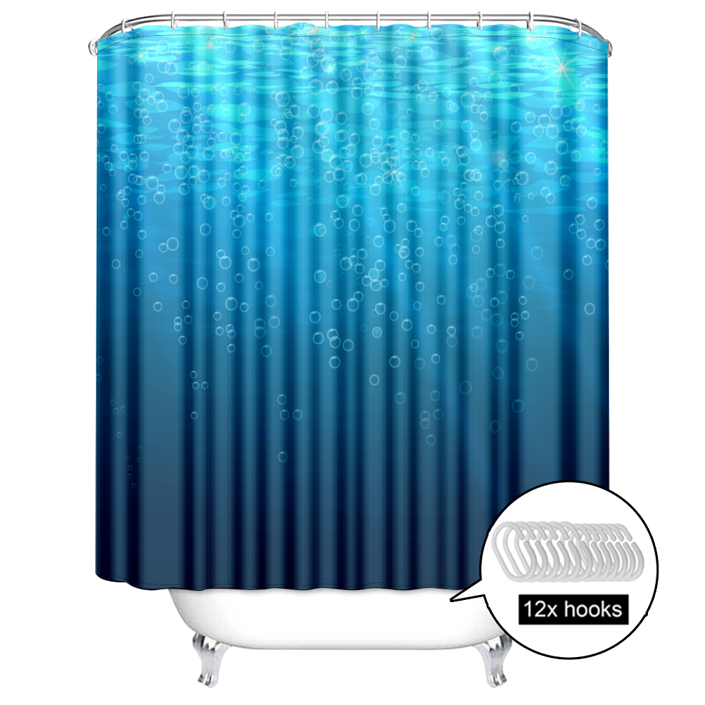 Ocean Water Waves Blue Printed Shower Curtain with 12 Hooks, Polyester