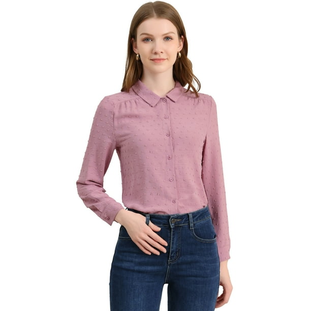 Allegra K Blusas Con Botones Y Cuello En Punta De Manga Larga Puntos suizos Office Para Mujer Rosado morado M