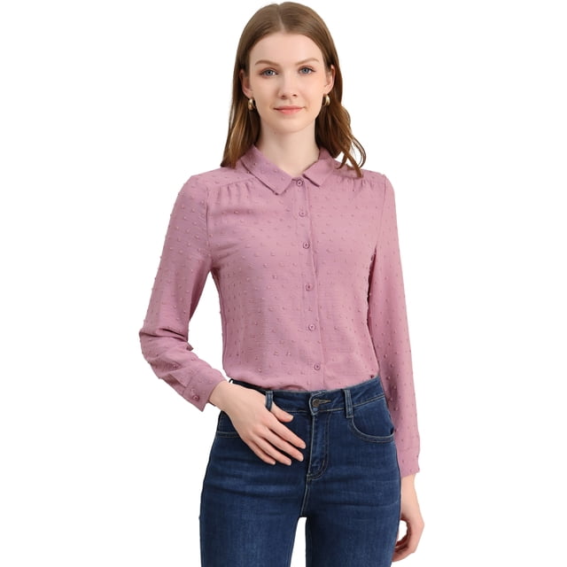 Blusas Allegra K Con Botones Y Cuello En Punta de Manga Larga Puntos suizos Office Para Mujer Rosado morado S