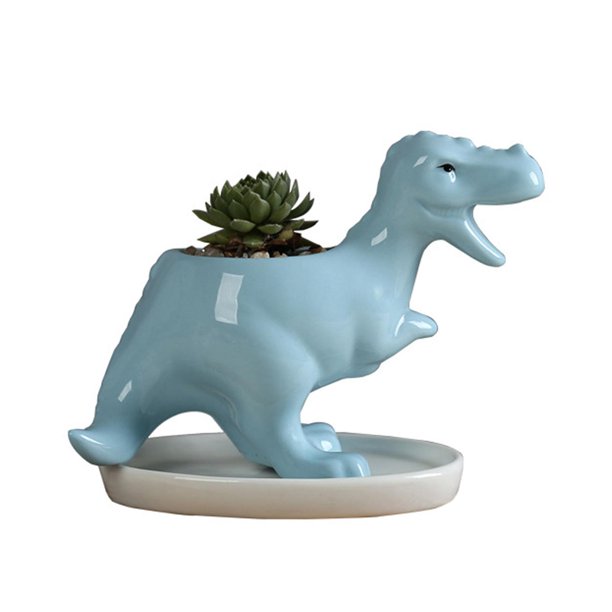 Silver white Maceta suculenta de dinosaurio con bandeja de drenaje, contenedor de flores de Cactus de cerámica, soporte para bonsái de animales