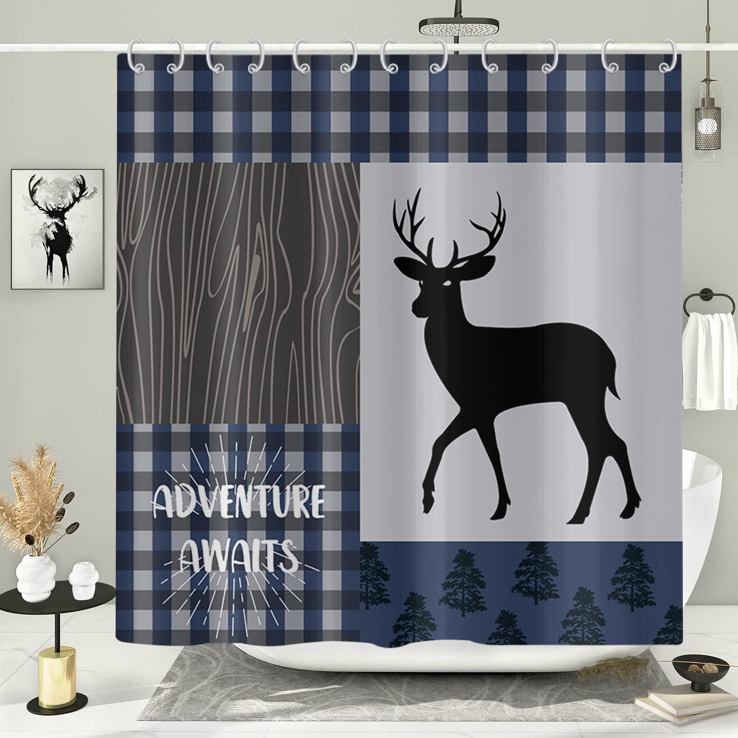 Retro Rustic Deer Shower Curtain, Blue Buffalo Check Plaid Pine Trees