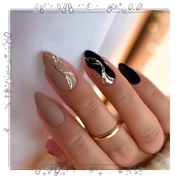 Tryvkinvive Black Glossy Press on Nails Set for Women Girls,Marble Shading Long Almond Fake Nails Acrylic Shine Texture Nails for Office Daily Wedding,Full Nail Wrap Gift for Valentine Holiday 24pcs