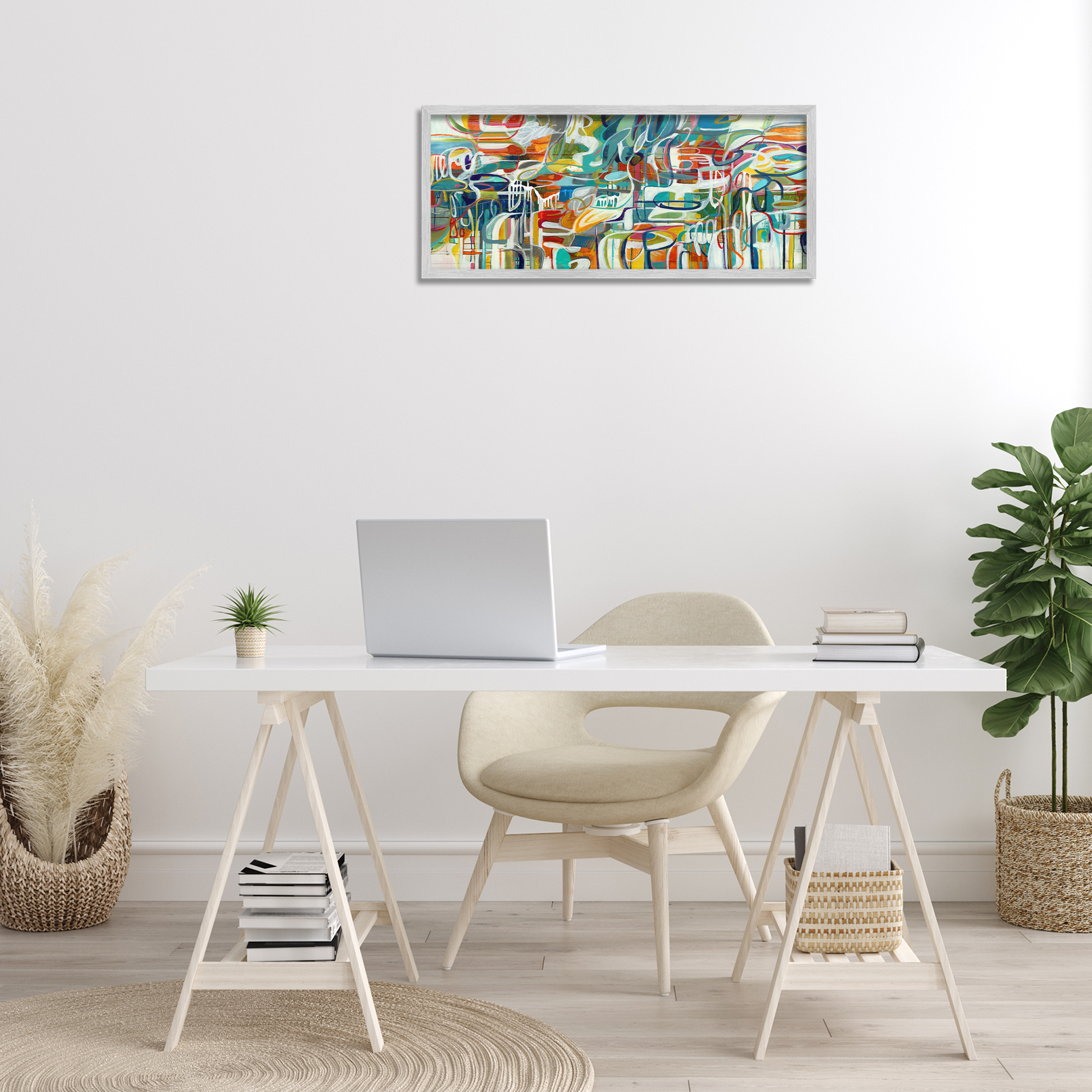 Stupell Industries Chaotic Doodle Shapes Abstract Painting Gray Framed Art Print Wall Art, 30 x 13