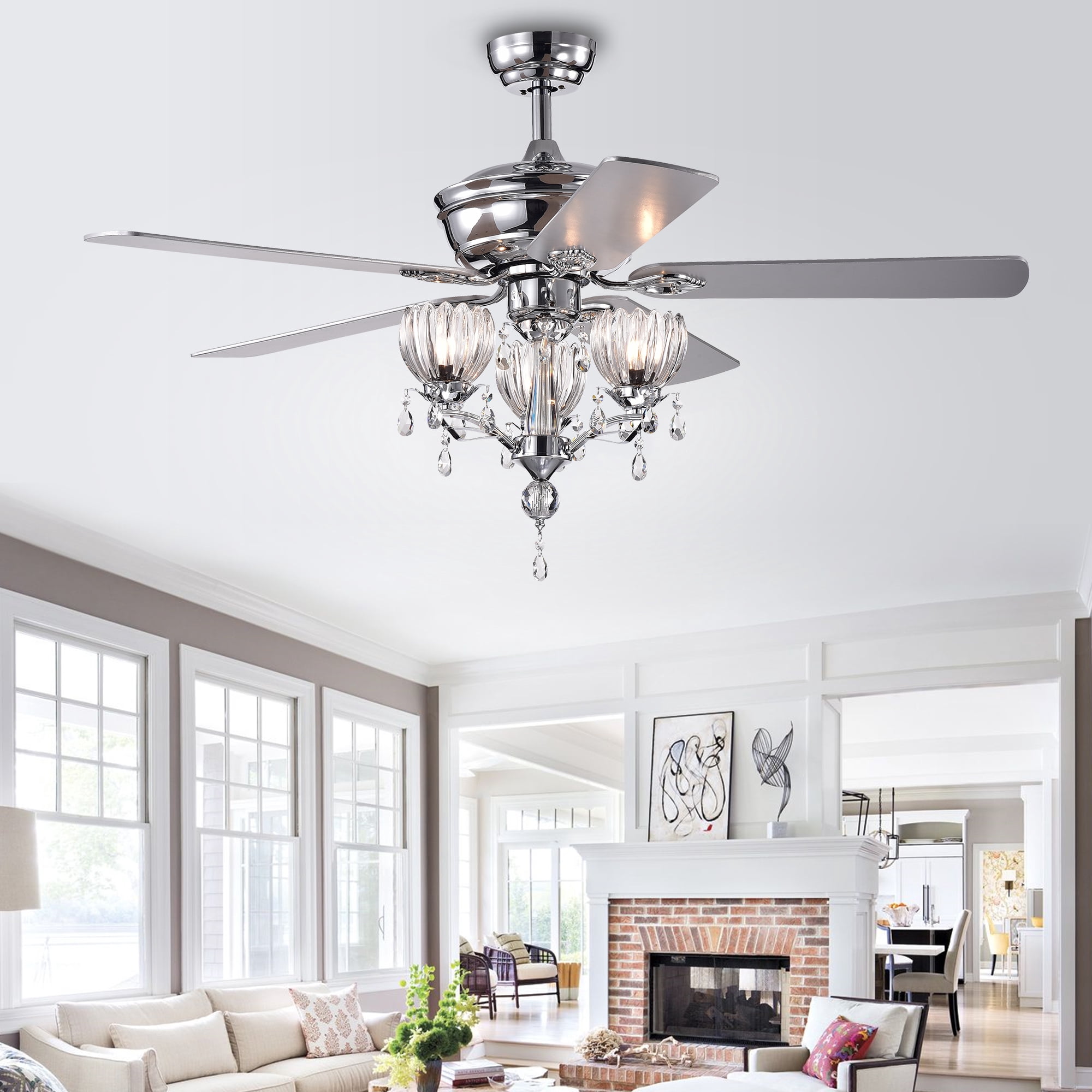 Warehouse of Tiffany Fendal 3-Light 52-inch Chrome Lighted Ceiling Fan with Flower Cup Crystal Shades