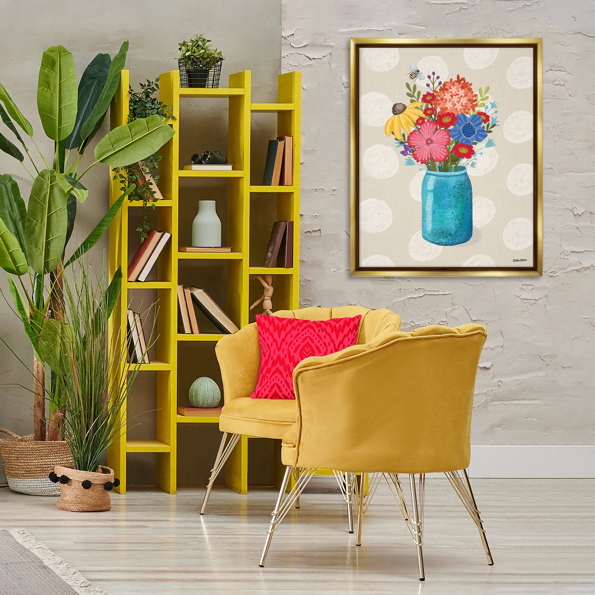 Stupell Industries Polka Dot Flower Vase Plants & Flowers Painting Gold Floater Framed Canvas Art Print Wall Art, 25 x 31