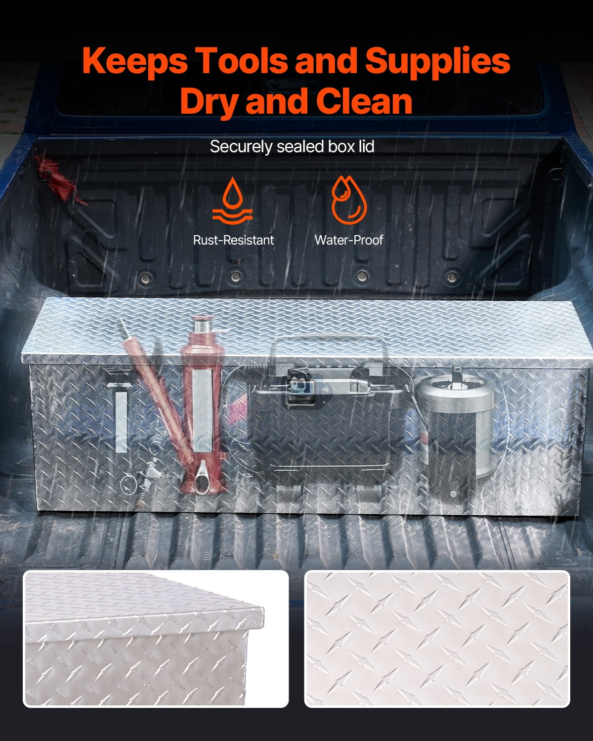 VEVOR Heavy Duty Aluminum Truck Bed Tool Box, Diamond Plate Tool Box with Side Handle and Lock Keys, Storage Toolbox Chest Organizer for Trailer, Pickup, Truck Bed, RV, 49"x15"x15", Silver