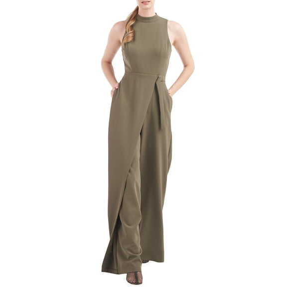 Kay Unger Mockneck Sleeveless Asymmetrical Belted Overlay Wide Leg Stretch Crepe Jumpsuit-OLIVE / 2