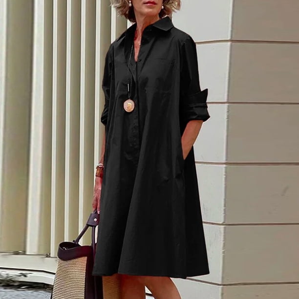 Women Simple Shirt Dress Summer Vintage Elegant Solid Pocket Long Sleeves Midi Dresses Female Turn-down Collar Dresses VestidosS Gao Jinjia LED