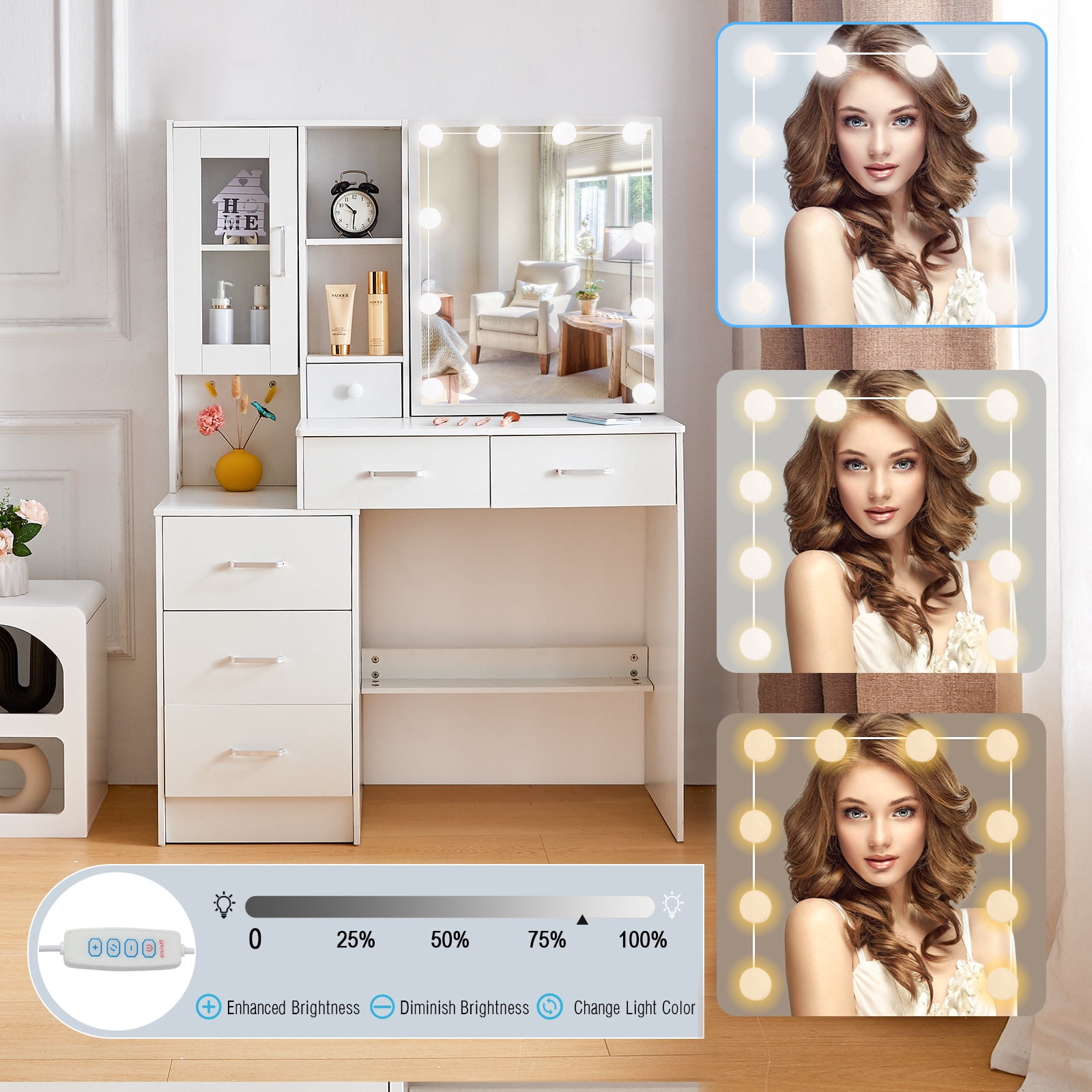Yamissi Modern Vanity Desk with LED Lights and Mirror, Makeup Vanity Table with Drawers & Cabinet for Bedroom, White
