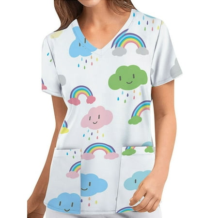 

Casual Scrub Tops for Womens Short Sleeve Tunic Shirts V Neck Work Tshirt Summer Loose Blouse Top