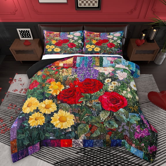 Erosebridal Spring Flower Floral Full Size Comforter Sets, Retro Artwork Bedding Sets, 3 Pieces