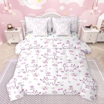 Feelyou Child Kawaii Dog Twin Bedding Sets 7-Piece, Flower Floral Plant Bedding Comforter Set, Cartoon Dalmatian Animal Reversible Sheet Sets, Microfiber Bedroom Decor