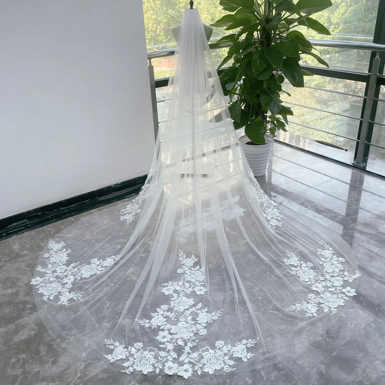 Ivory Wedding Veil with Flower Lace Cathedral Veil with Lace Applique  Floral Lace Veil One Tier Veil Long Lace Veil with Comb White Veil