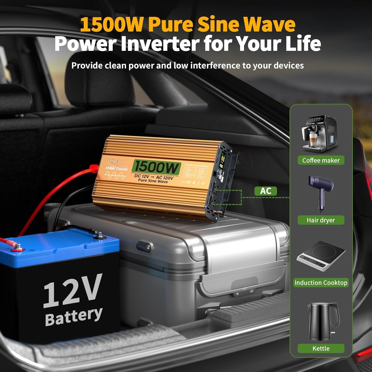 1500 Watt Inverter 12V DC to 110V/120V AC, Pure Sine Wave Inverter for /RV//Solar/Off-Grid, Surge 3000W Pure Sine Power with 2 AC Sockets, 5V 3.4A USB, Digital Display, Remote Controller