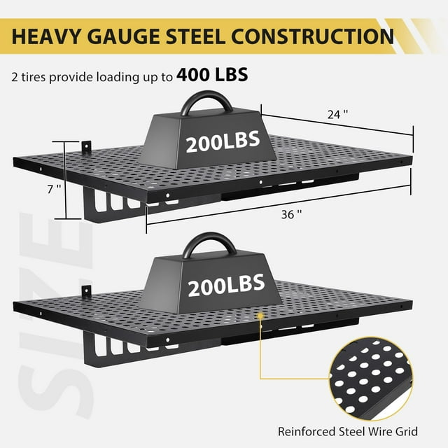 AKDSteel Lot de 2 Étagères de Rangement de Garage, Étagère Murale Robuste Étagère de Rangement de Garage Étagères Flottantes avec Crochets, Capacité de 280 Lb, pour Garage, Entrepôt, Pièce de Rangement