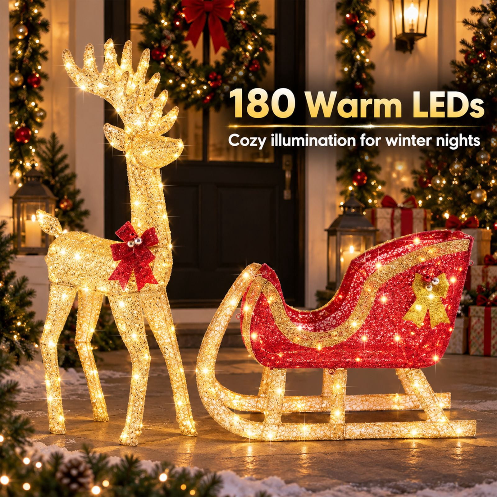 Alvantor Christmas Decoration Lighted Reindeer Sleigh, 180 LEDs, Yard Decor, Gold, 25.6 x 9.1 x 47.6 In