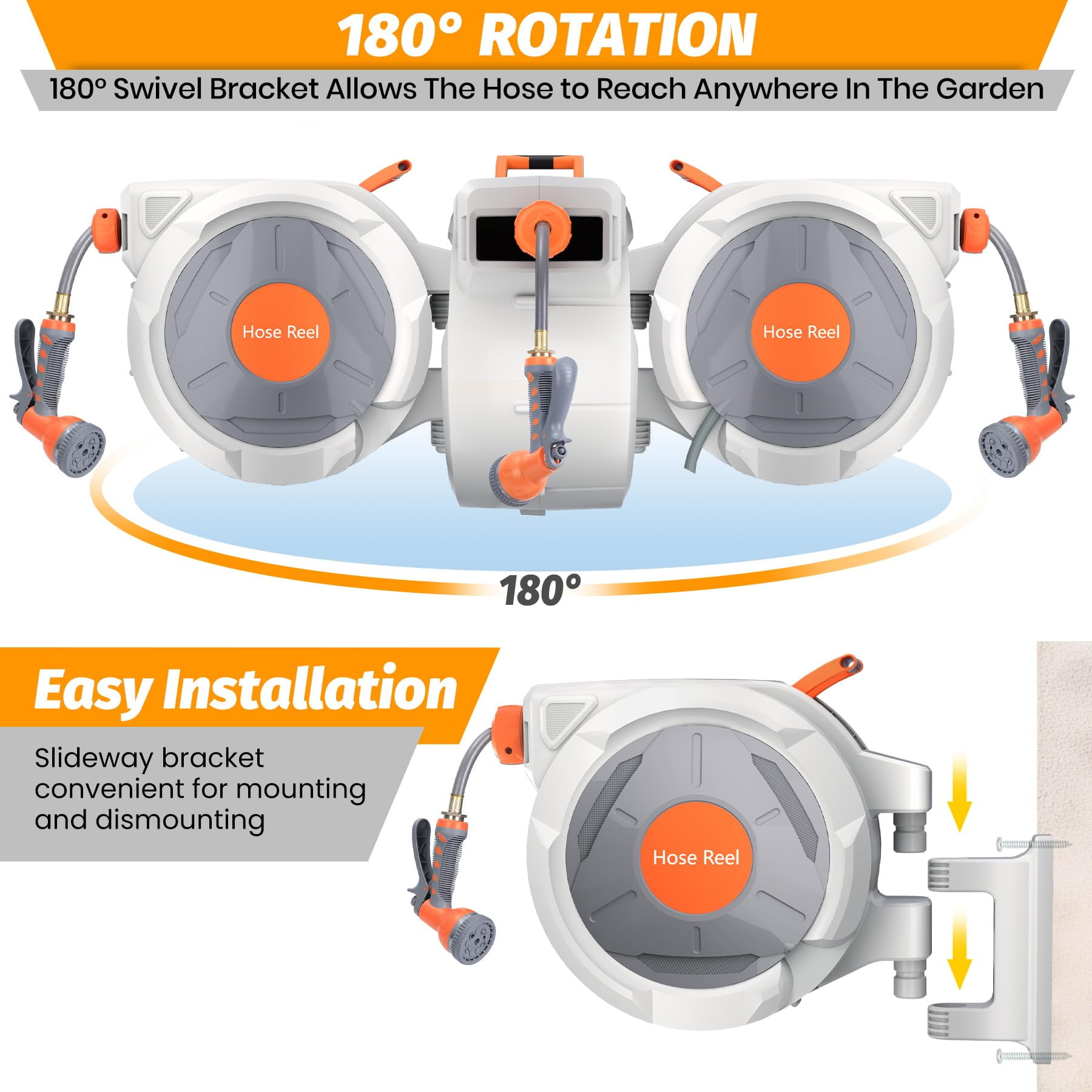 Kojooin Wall Mounted Retractable Hose Reel – Automatic Rewind, Adjustable Length Lock, 180° Swivel Bracket, Slow Return System