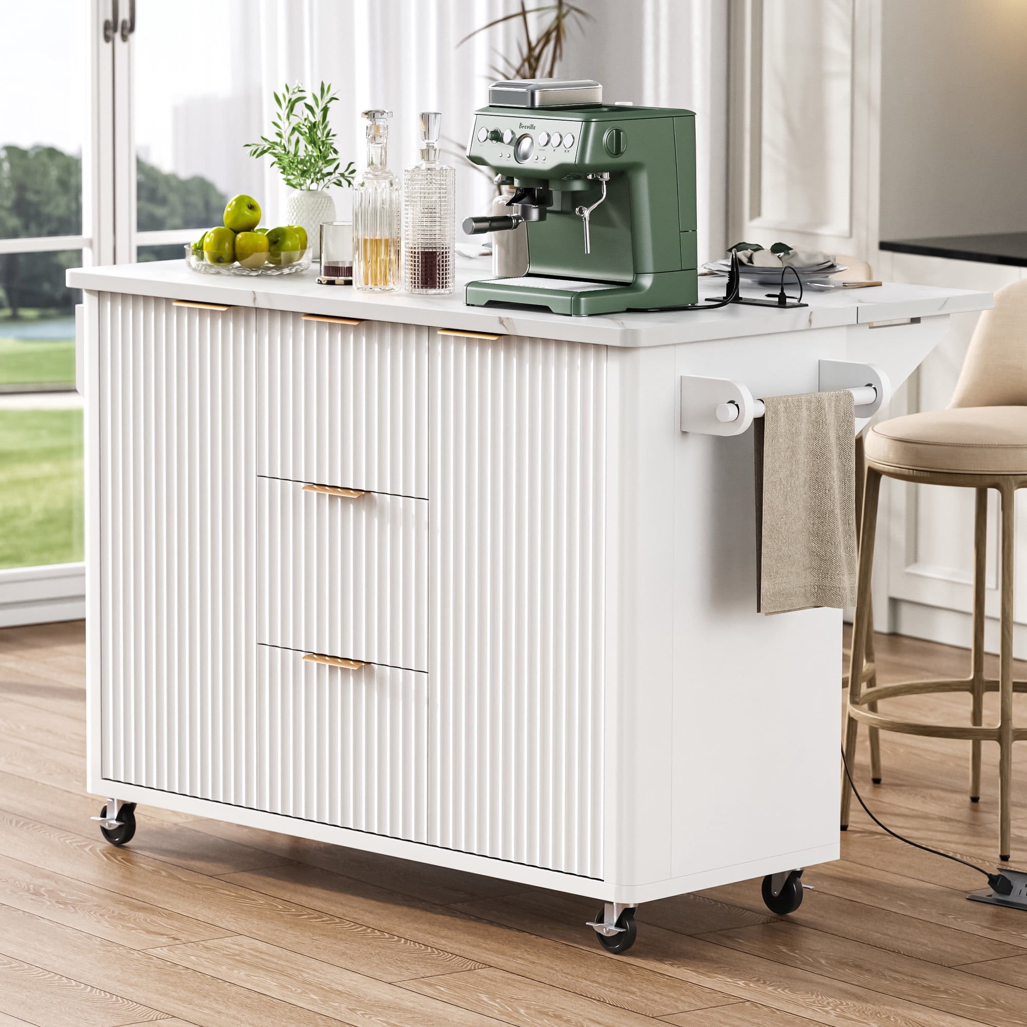 Chords Attic 55.5" Fluted Kitchen Island with Drop Leaf, Power Outlet, Storage-6 Door Shelves, Adjustable Shelves, Faux Marble Top, Curved Edge for Dining Room