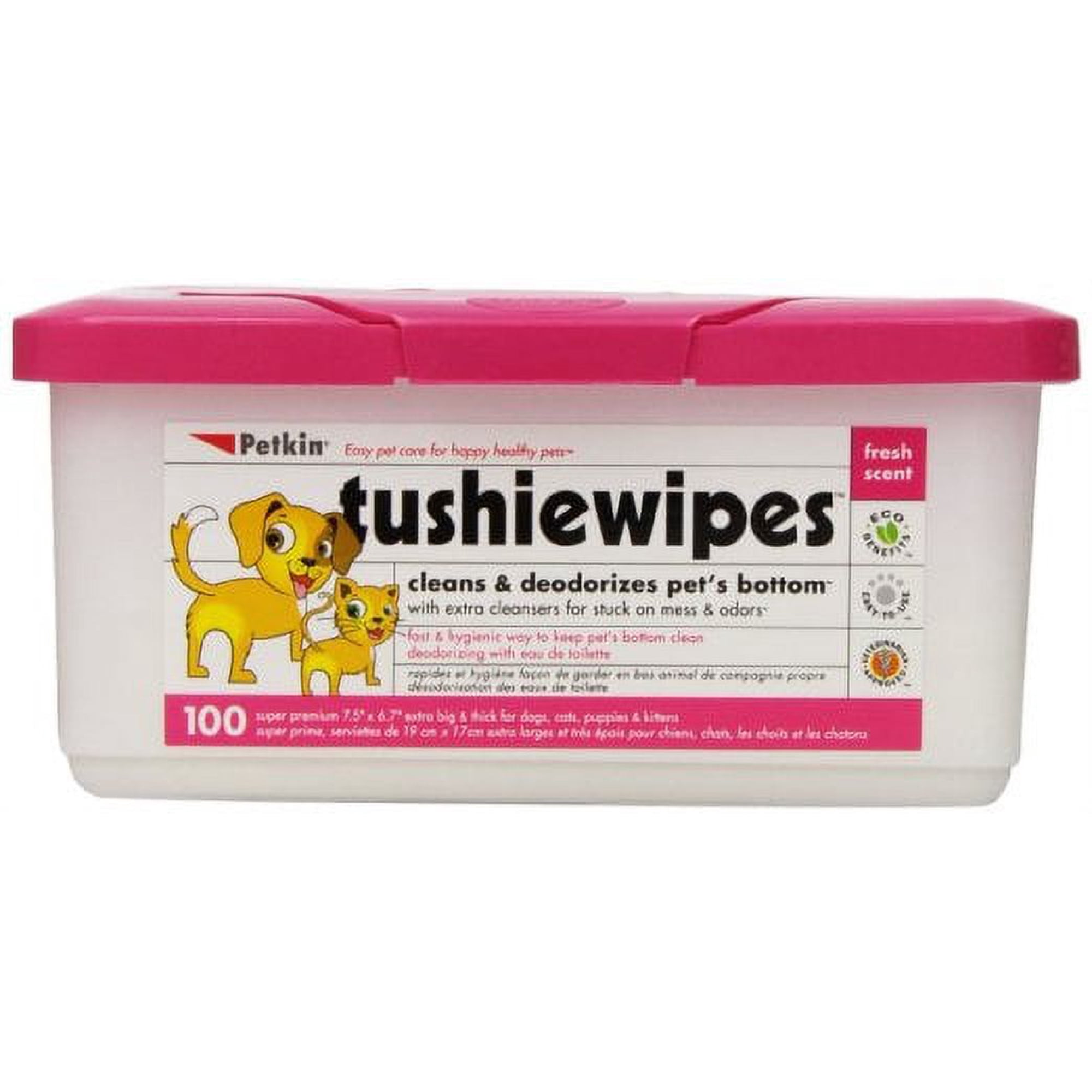 Petkin Tushie Wipes 100 Count - Extra Large, Deodorizing and Vet Approved for Cats & Dogs