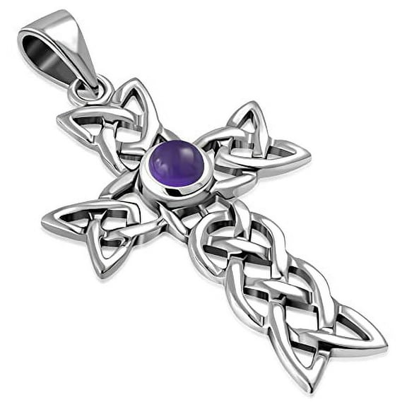 Women's Simulated Amethyst Cross Celtic Knot 925 Sterling Silver Pendant Necklace