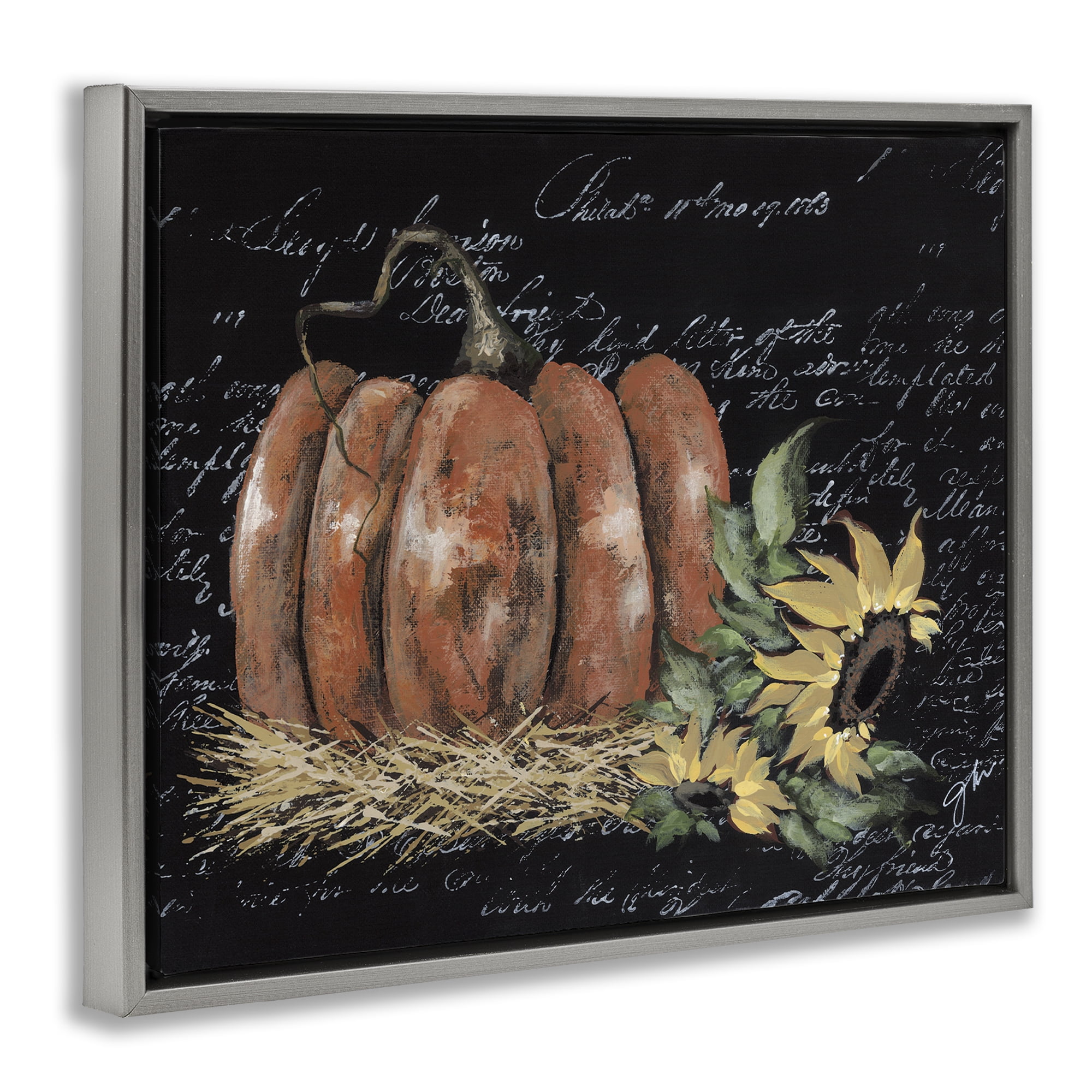Stupell Industries Autumn Country Pumpkin Botanical & Floral Painting Gray Floater Framed Art Print Wall Art, 21 x 17