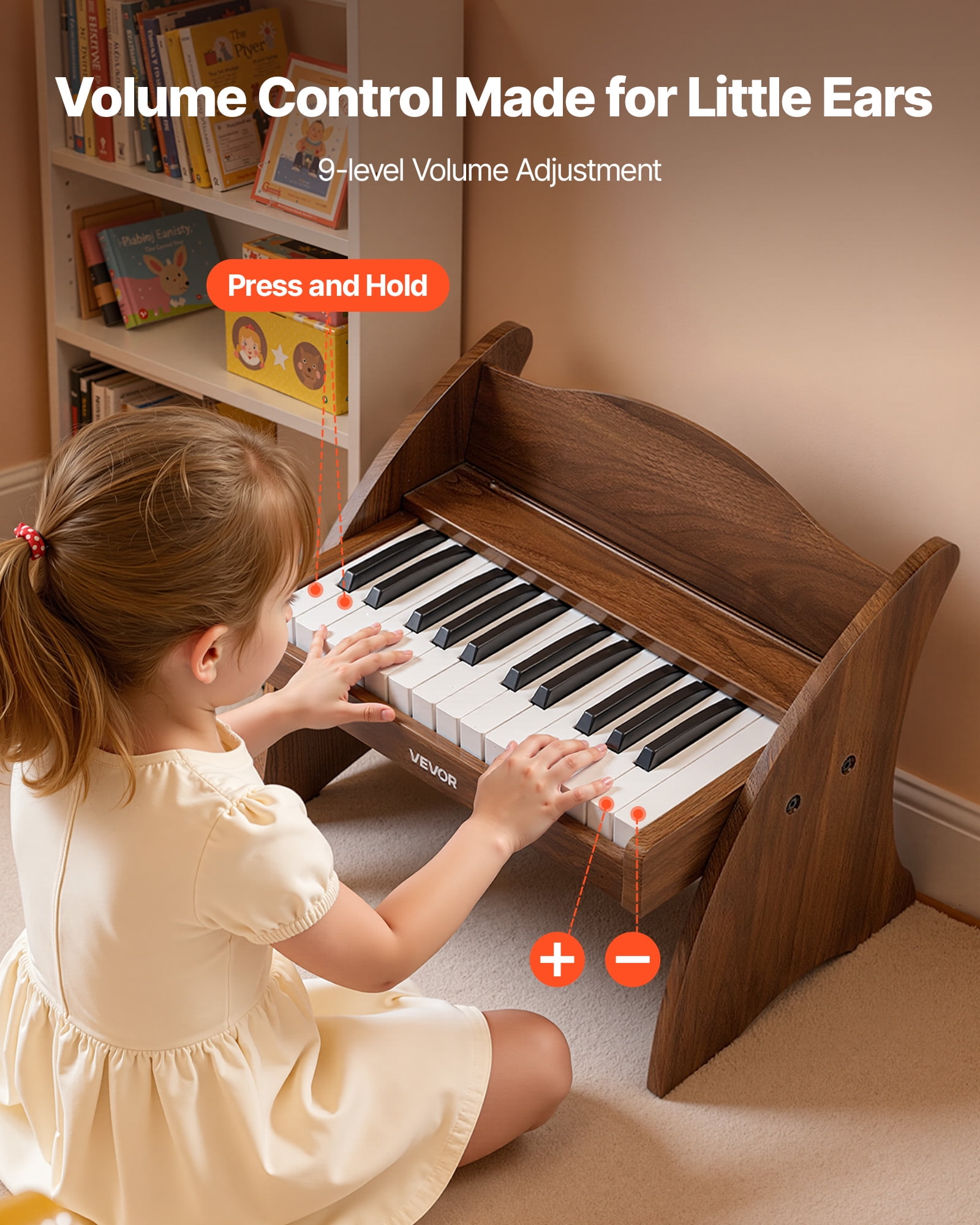 VEVOR Kids Piano Keyboard, 25 Keys Wooden Digital Piano for Kids, Mini Music Educational Instrument Toy with Realistic Sound, Dual Power, Adjustable Volume for Toddlers, Boys Girls Learning, Walnut