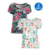 The Pioneer Woman Short Sleeve Knit V-Neck T-shirt 2-Pack Bundle, Womens